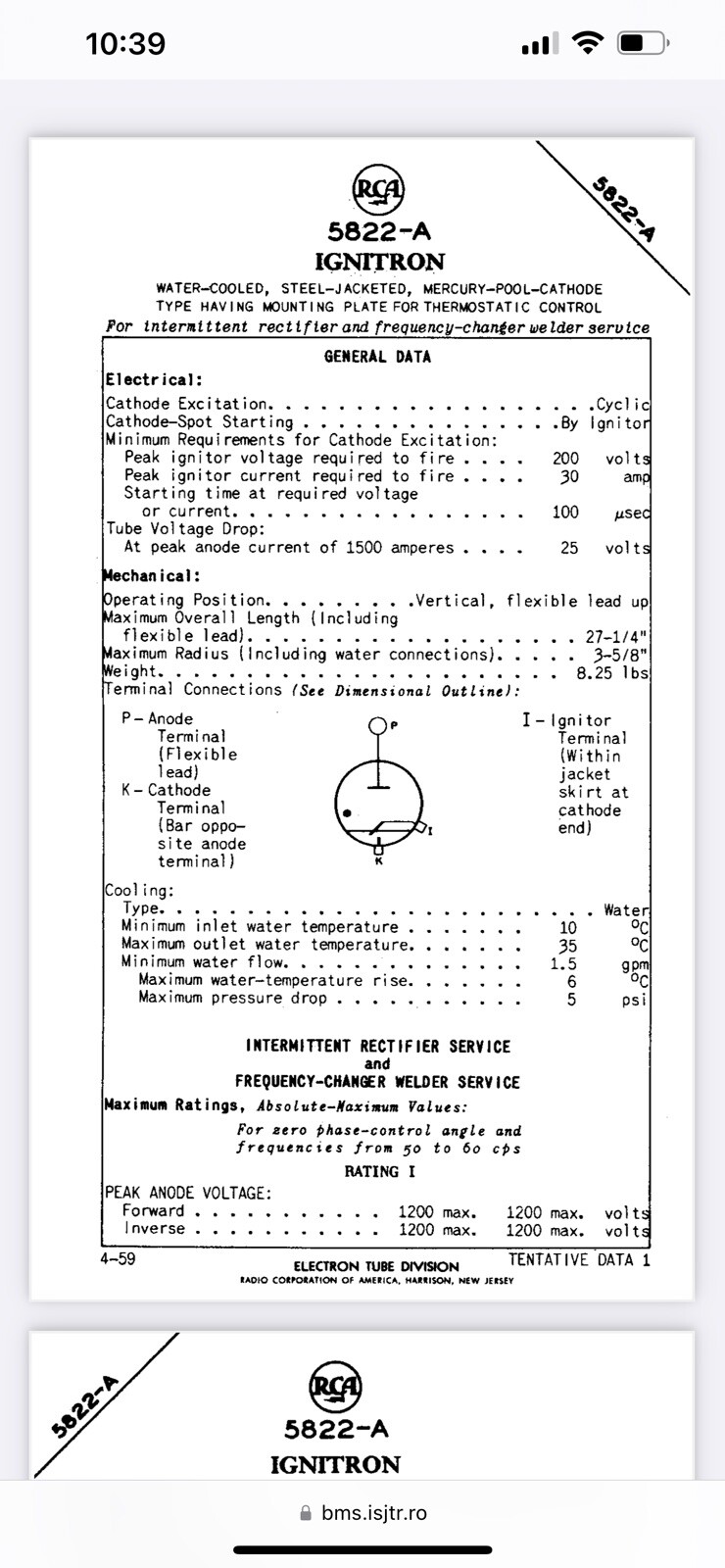 GE GL-5822-A Ignitron ATER-COOLED, STEEL-JACKETED, MERCURY-POOL-CATHODETYPE USA