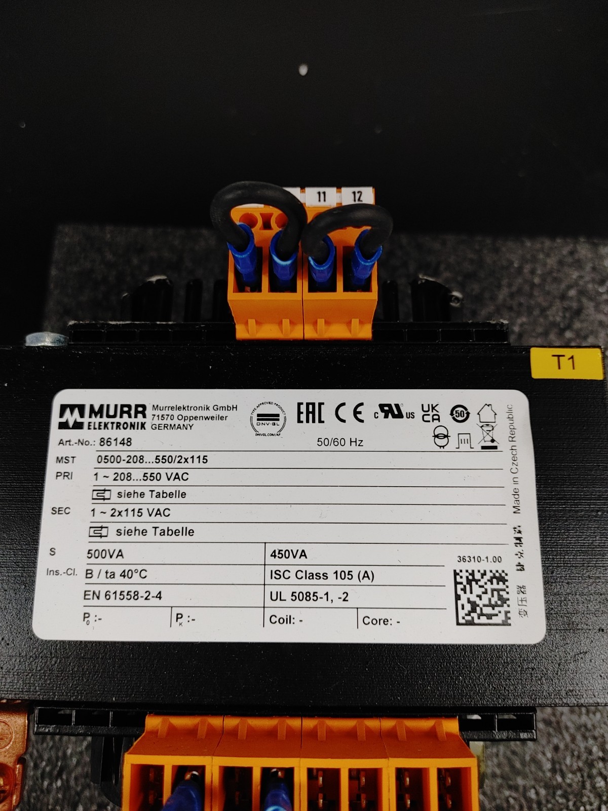 MURR ELEKTRONIK 86148 500 VA MST 1 Phase Control and Isolation Transformer