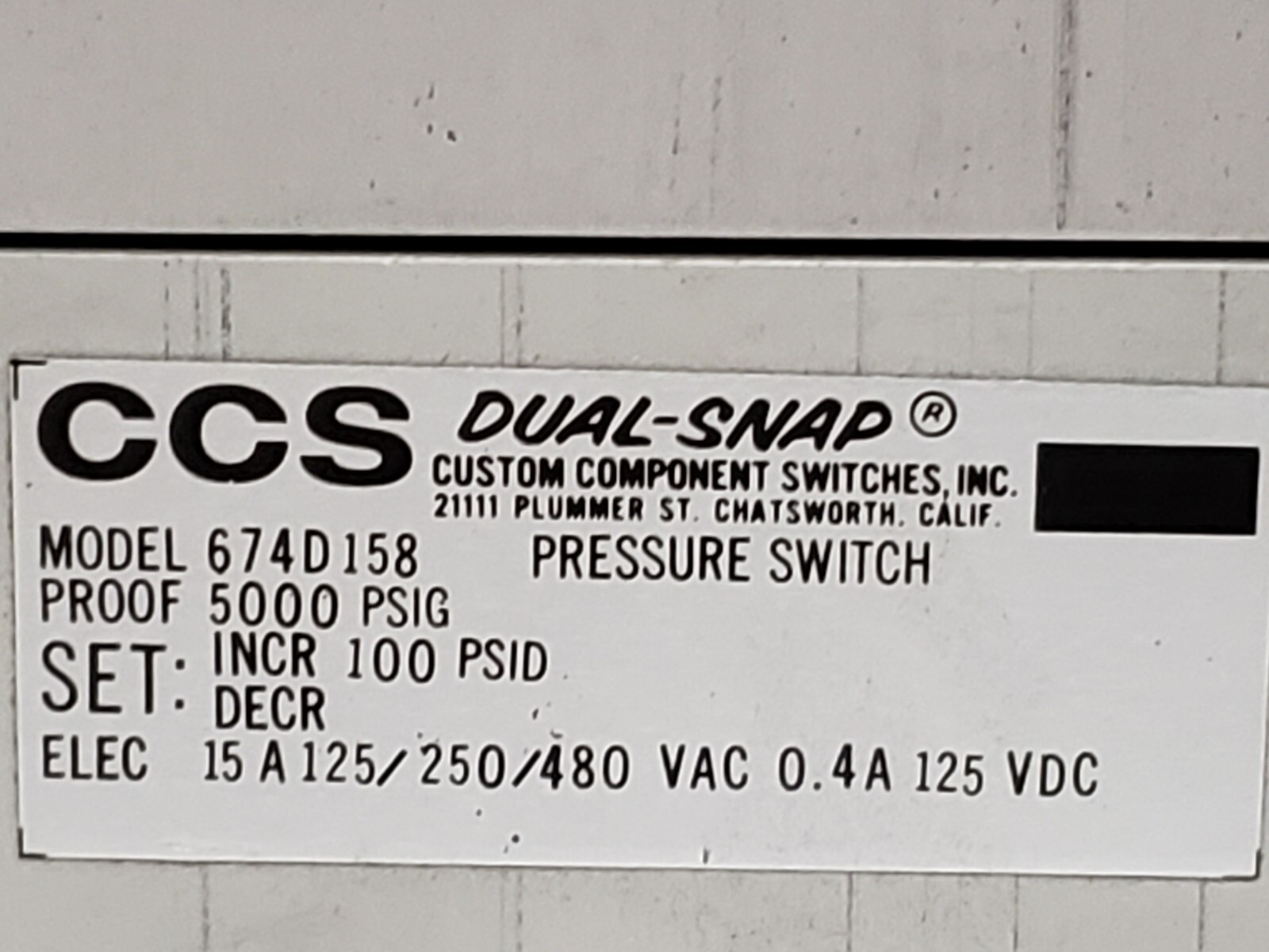 CCS 674D158 PRESSURE SWITCH DOUBLE SNAP 15A 125-250/480 VAC