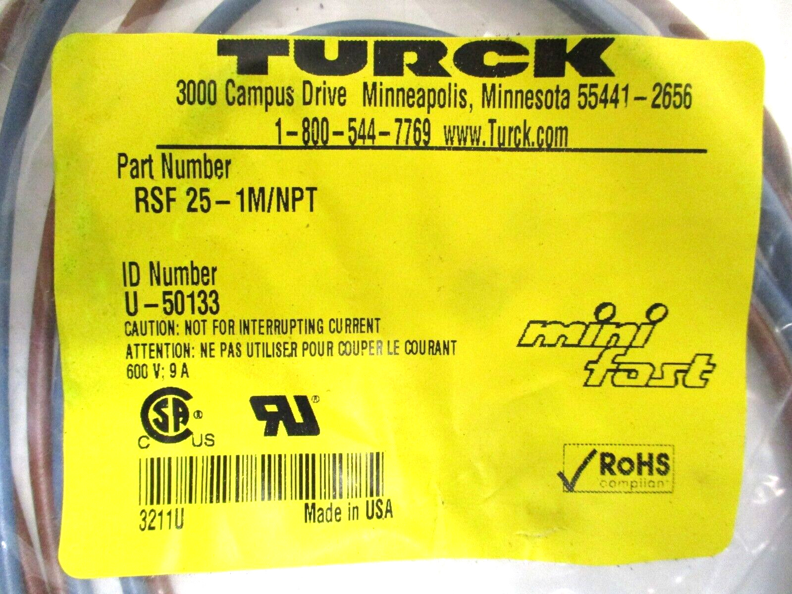 TURCK , WIRING CORDSET , RSF25-1M / NPT , LOT OF 3