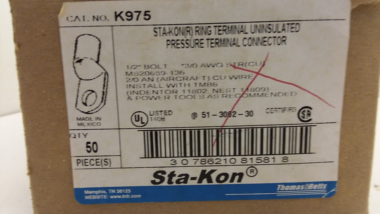 THOMAS & BETTS K975 LARGE TUBULAR RING TERMINAL 2/0-3/0 1/2″ BOLT LOT OF 2 NNB