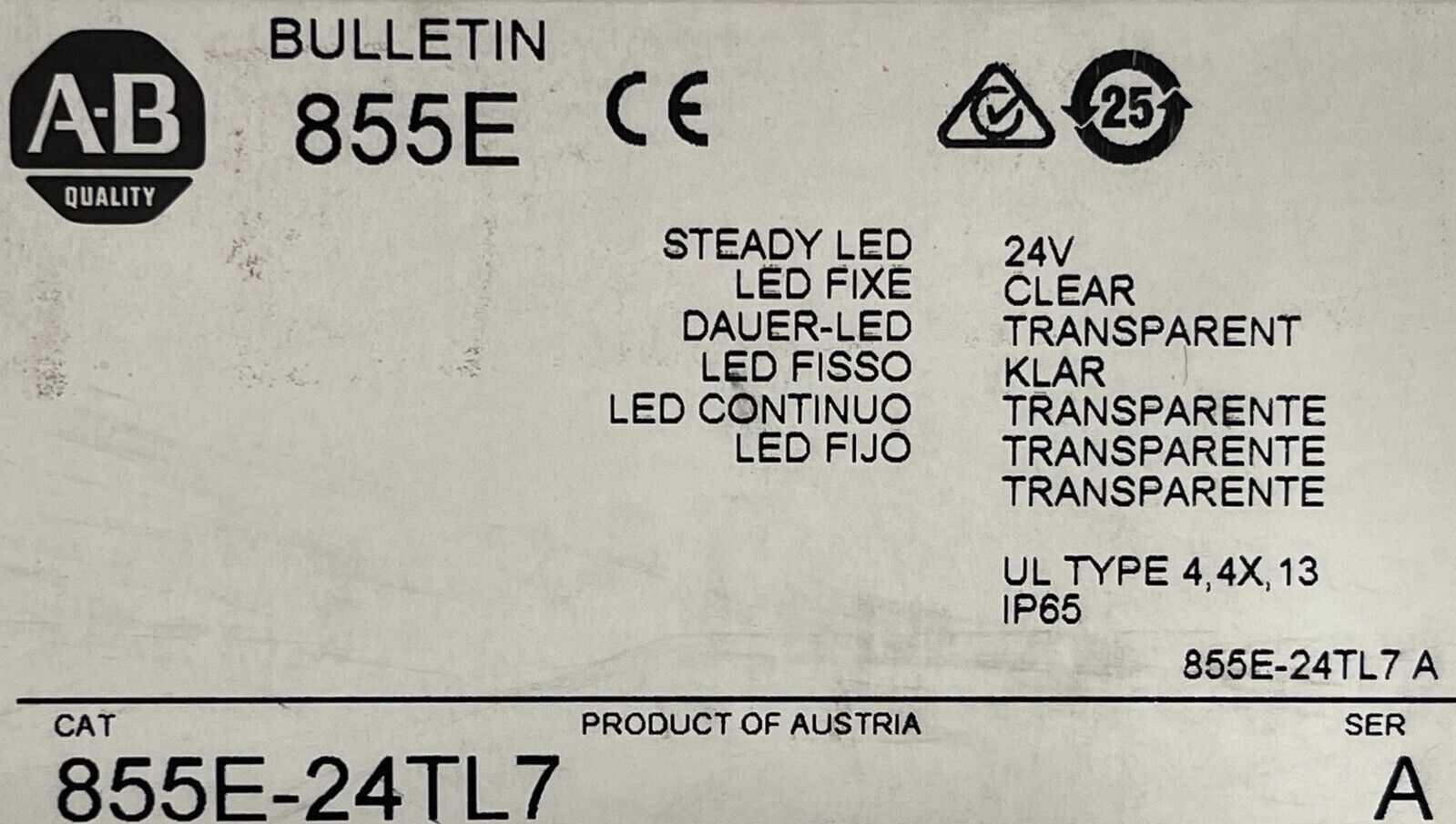 New! Allen Bradley 855E-24TL7 Clear Steady LED 24V AC/DC Free Shipping!