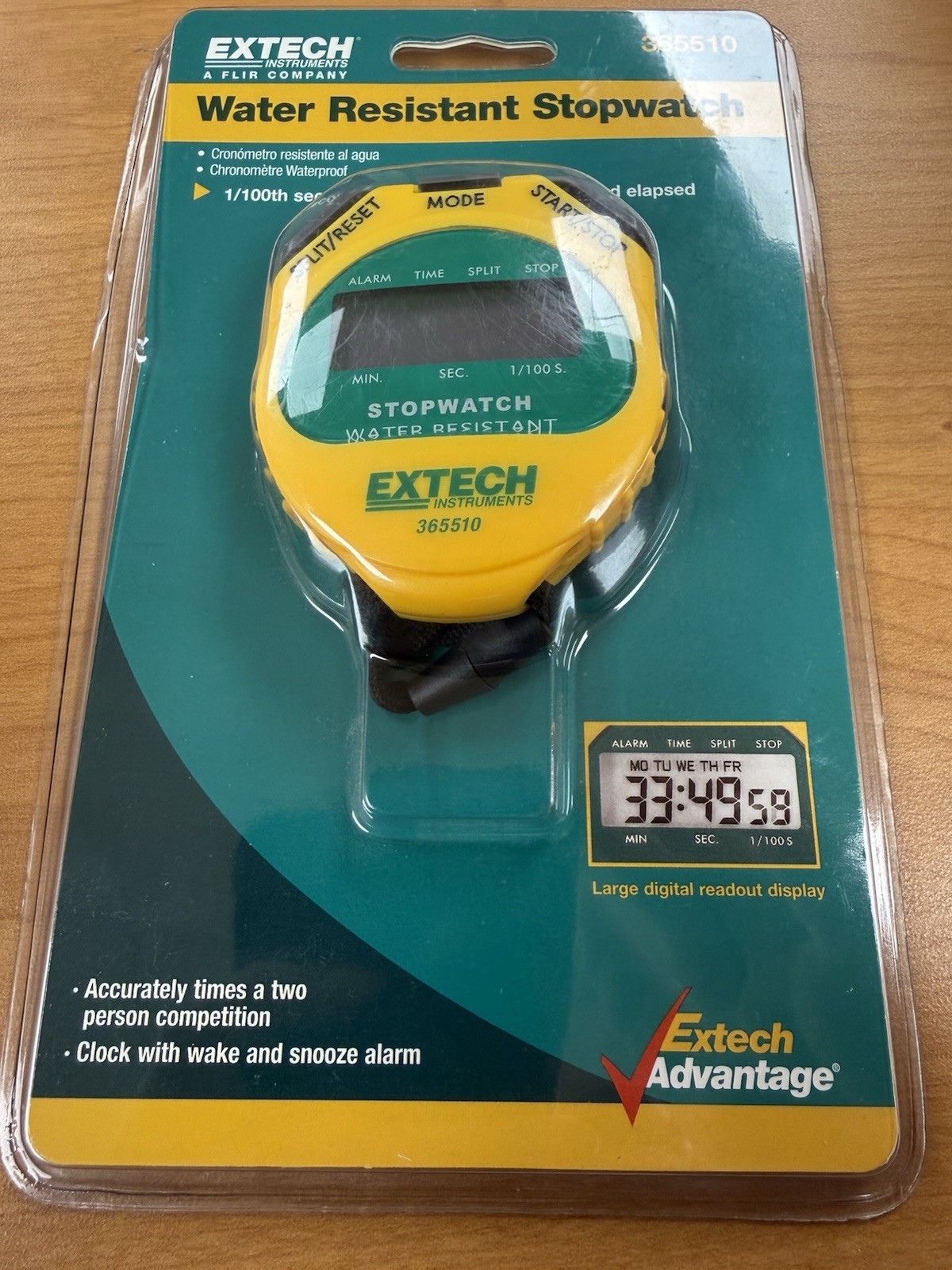 Extech 365510 Water Resistant Yellow Stopwatch with Timer & Clock NOS