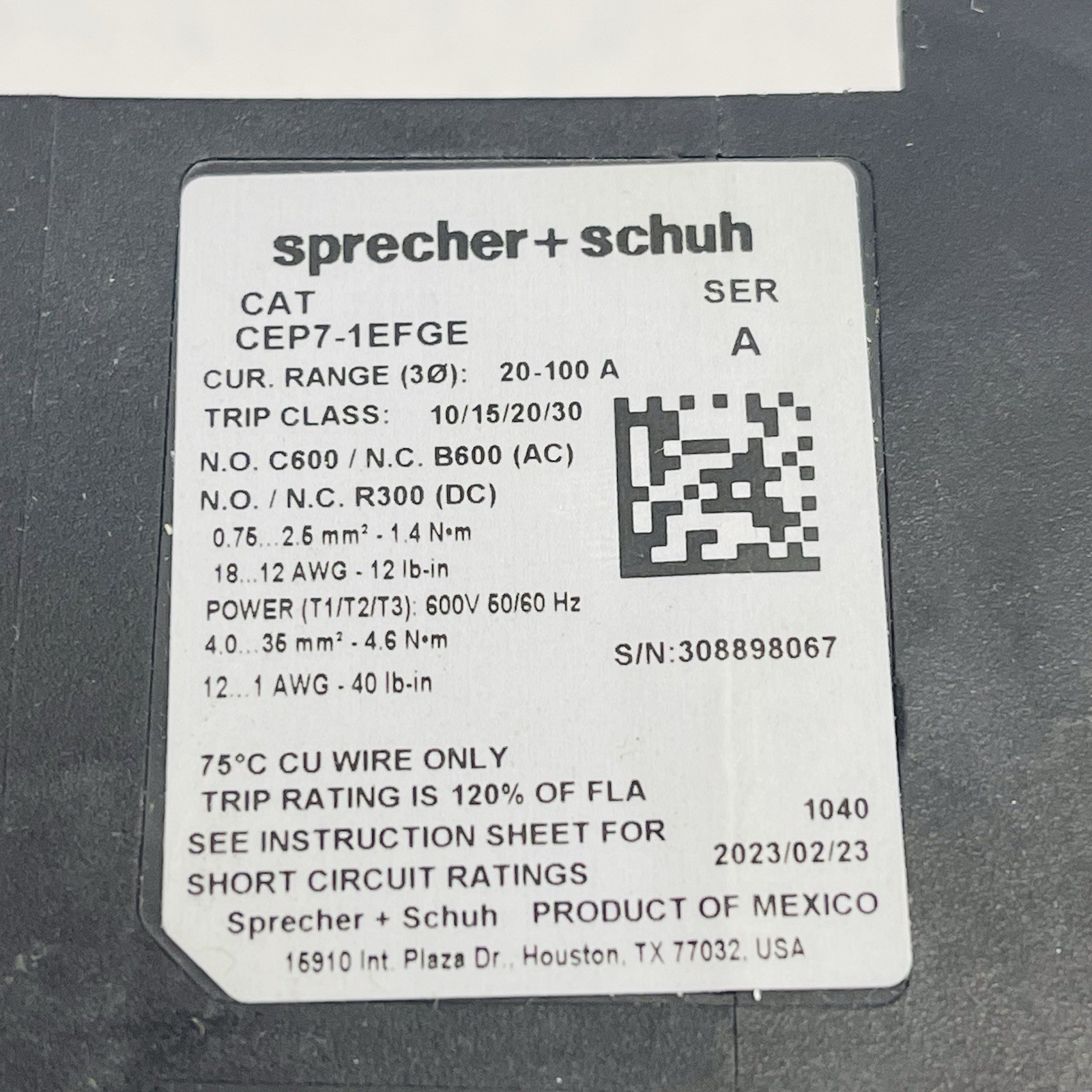 SPRECHER + SCHUH OVERLOAD RELAY CEP7-1EFGE SER A