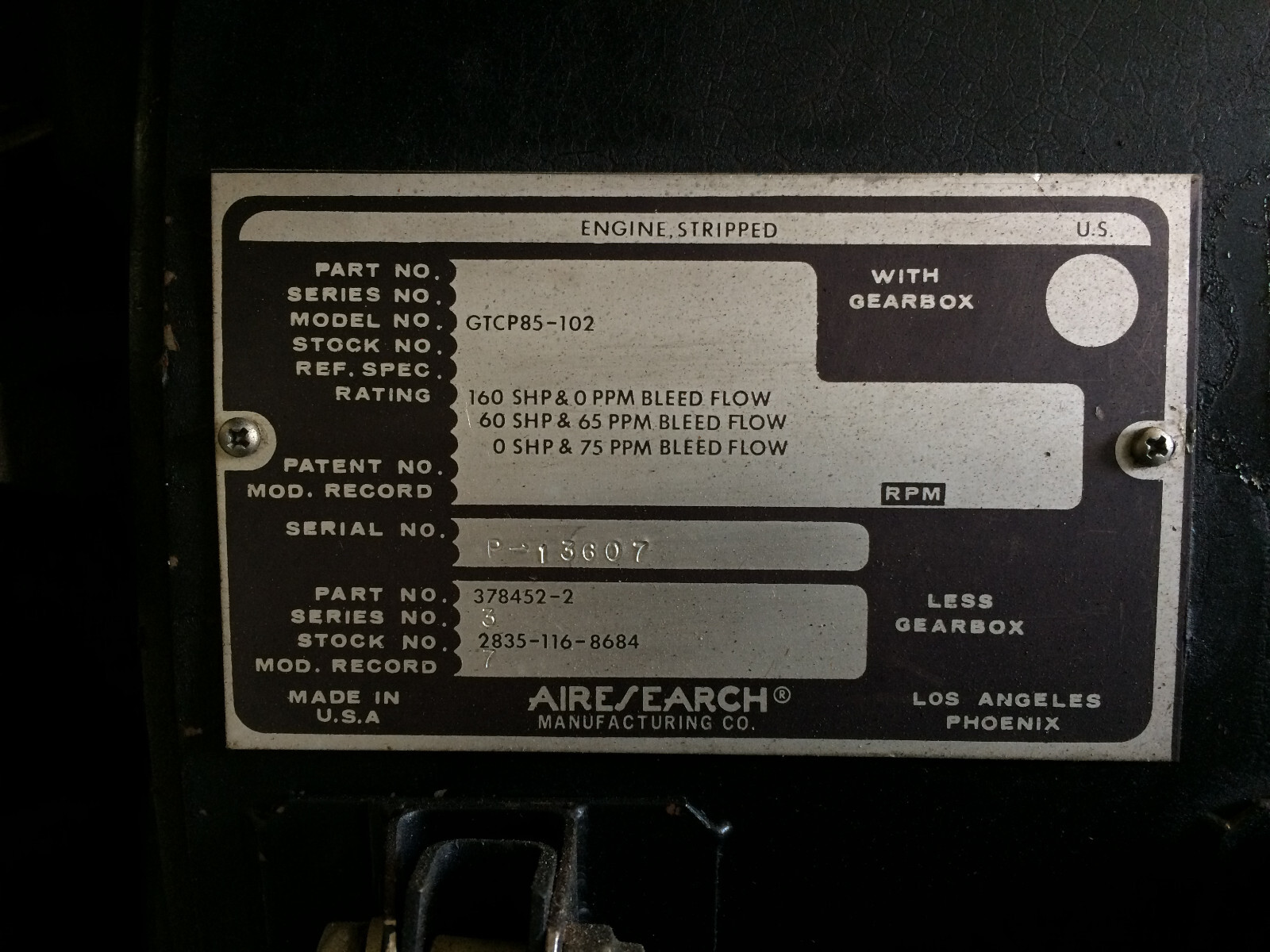 Garrett Airesearch GTCP85-102 gas turbine engine AC+DC GENERATORS 39 HOURS TSO