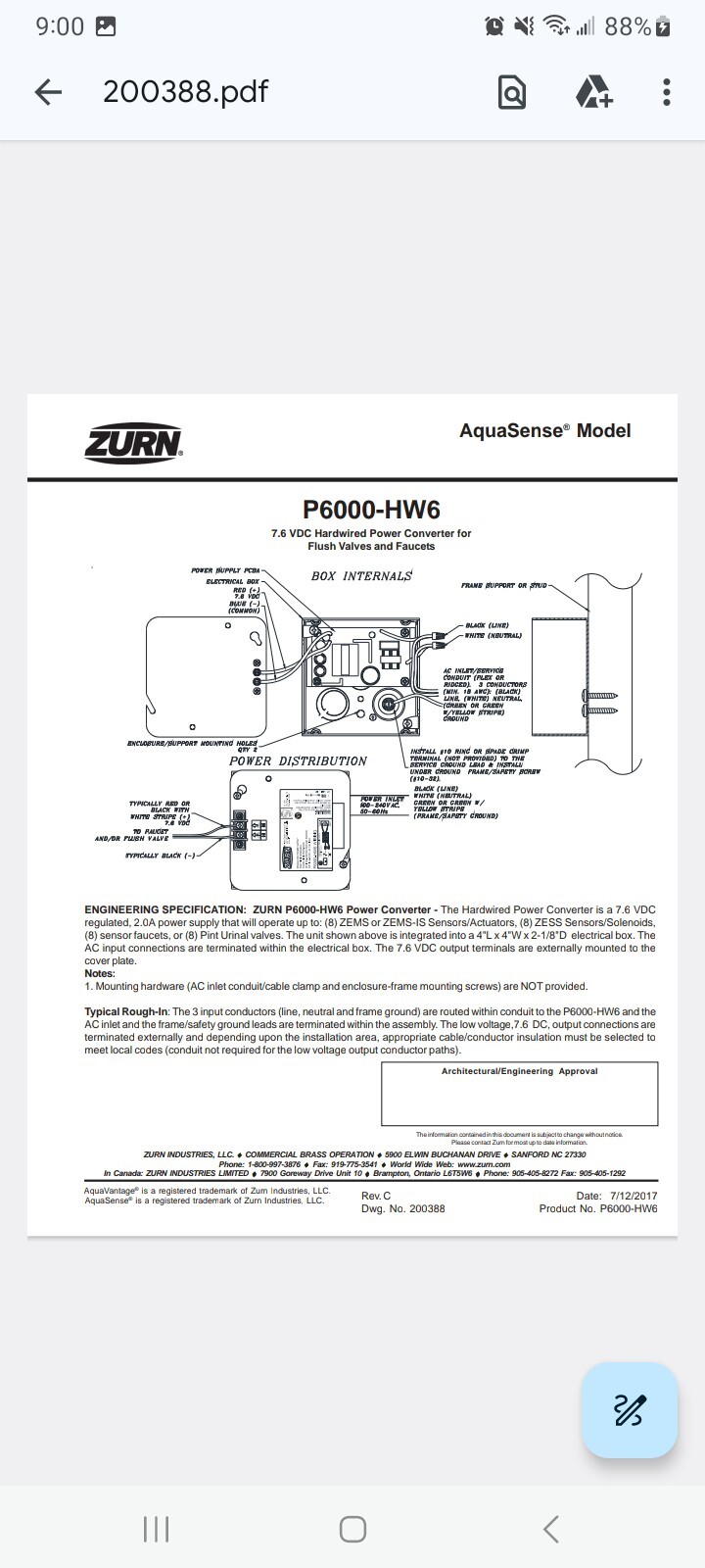 Zurn P6000-HW6 Hardwire Power Converter for 6VDC Flush Valves and Faucets
