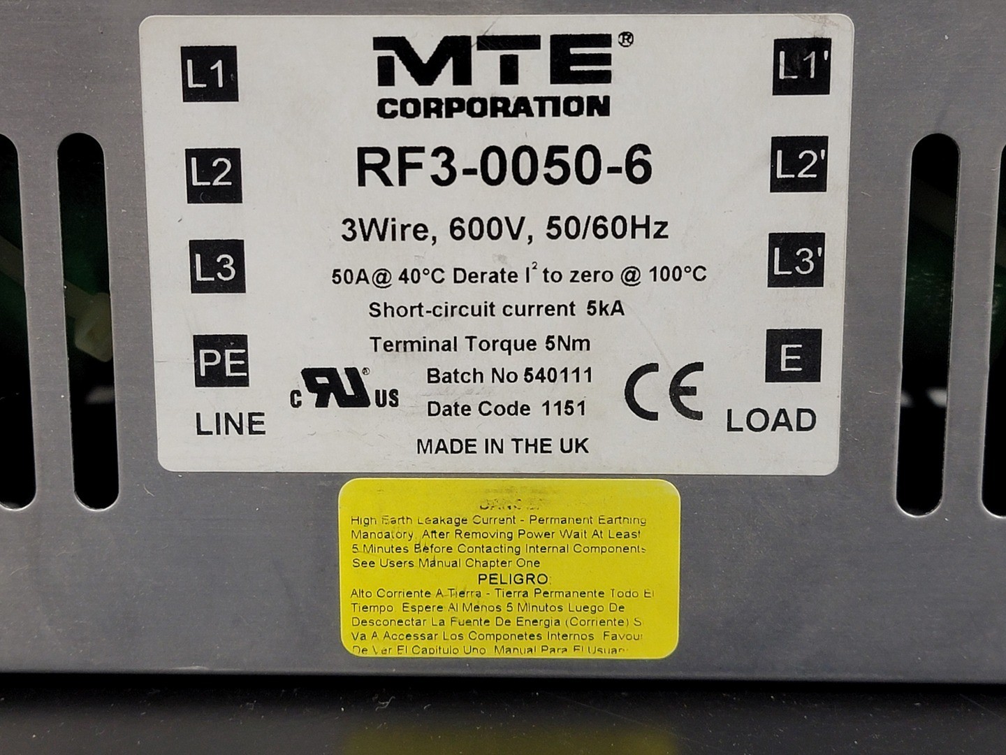 MTE CORPORATION RF3-0050-6 EMI/RFI Filter – Miscellaneous Electrical