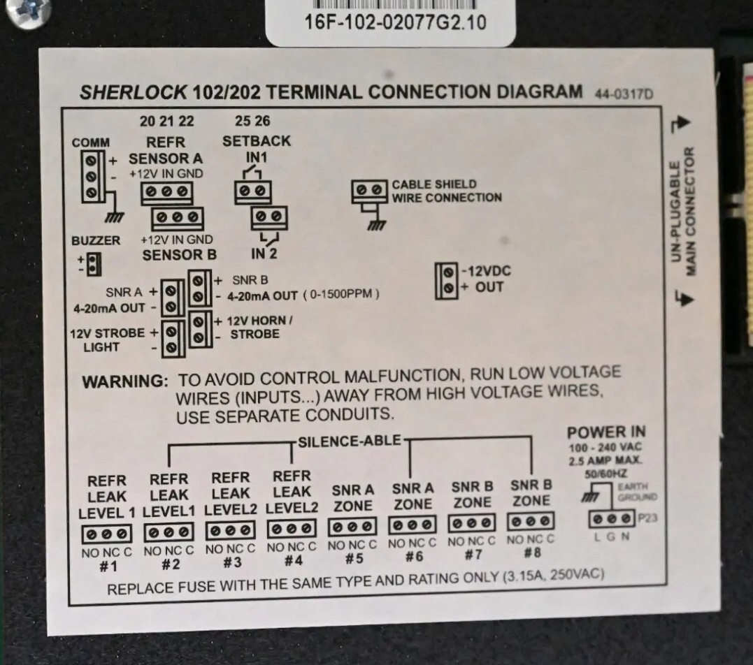 Sherlock Refrigerant Gas Monitoring System 102 Alarm Control Module Panel