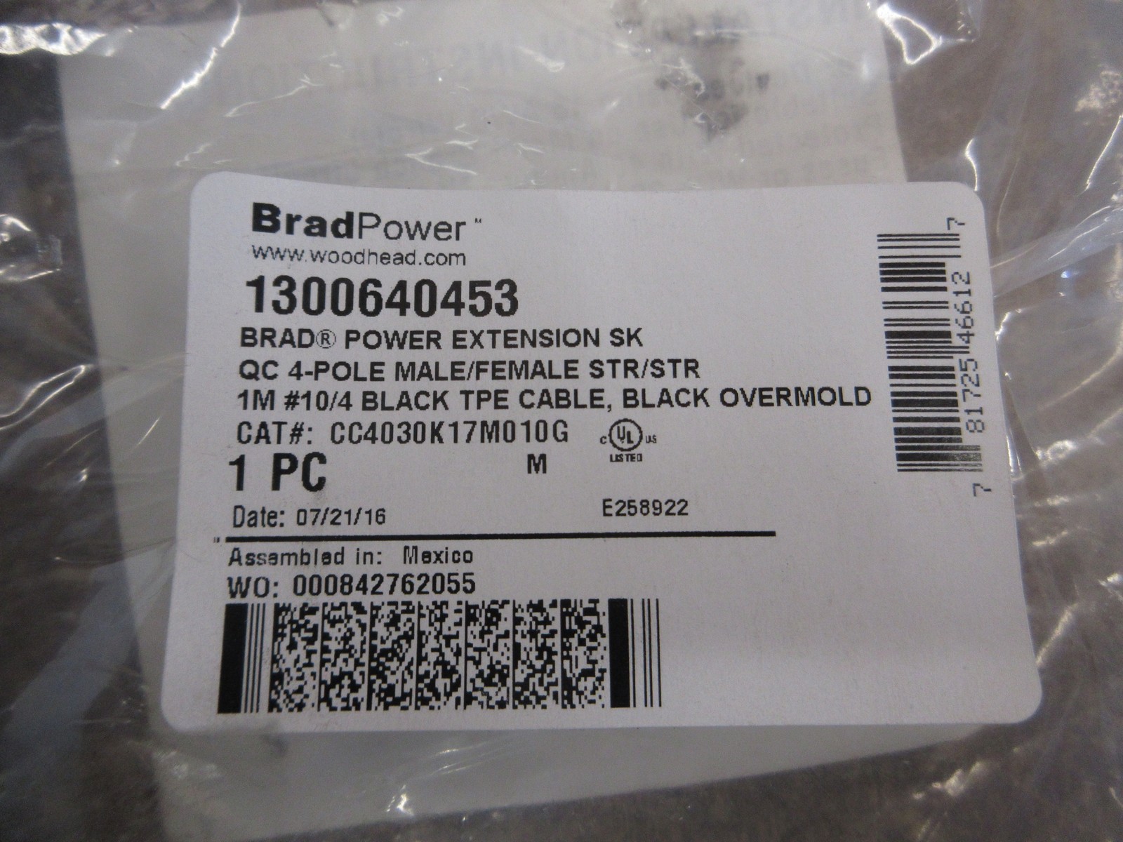 Woodhead BradPower Extension Cordset CC4030K17M010G Length: 1m New Surplus