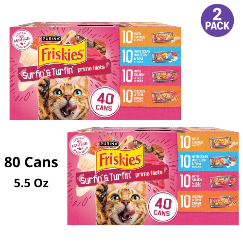 Friskies Surfin’ & Turfin’ Prime Filets Adult Cat Wet Food, (Pack of 80) 5.5 oz.