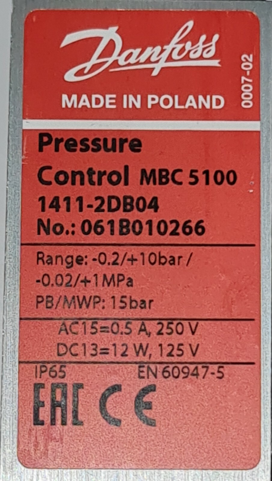 DANFOSS PRESSURE CONTROL MBC 5100 NO.:061B010266 RANGE: -0.2/+10 BAR 3960