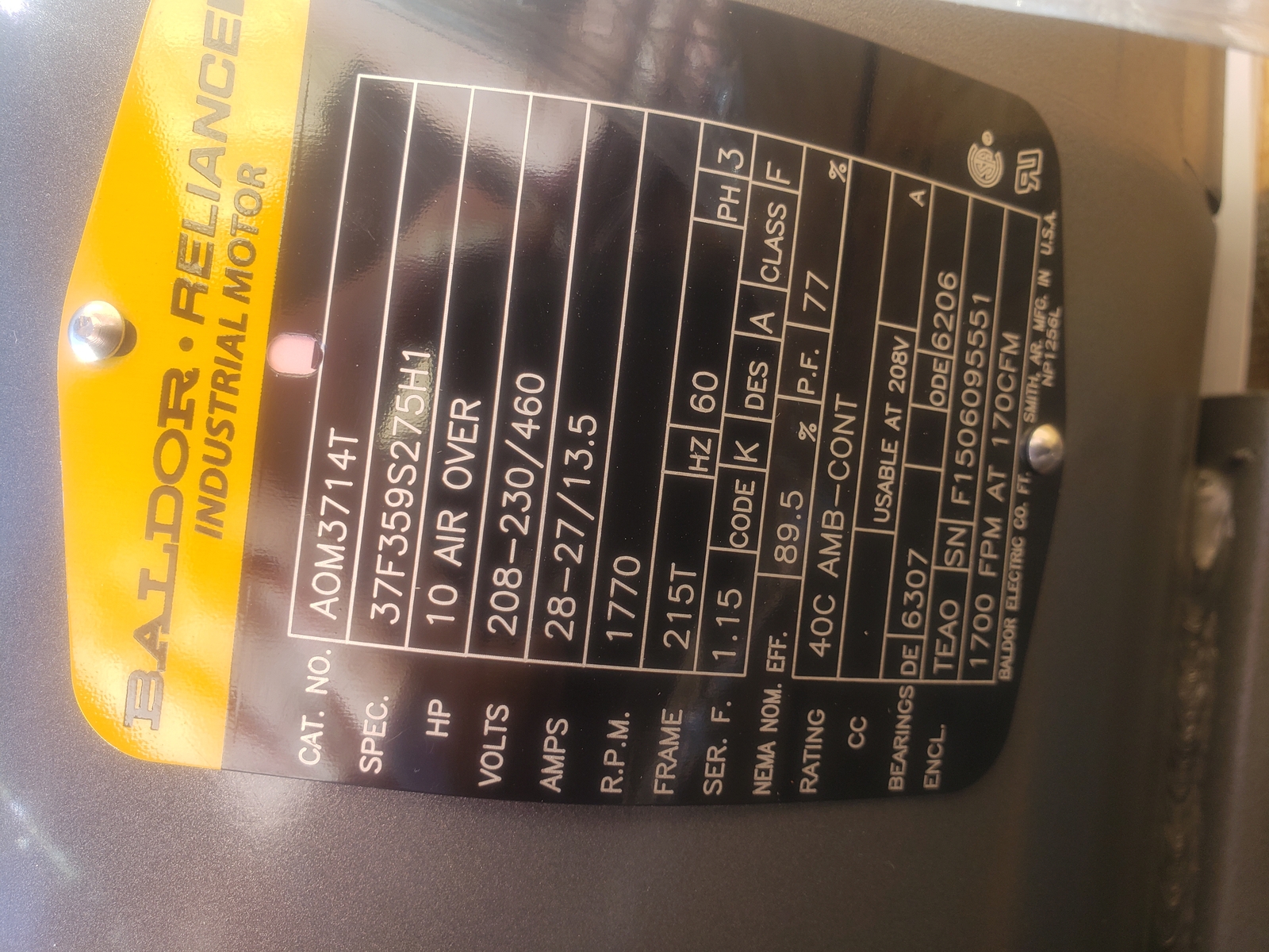 NSOP Baldor-Reliance Motor AOM3714T 10 AIR OVERHP 1770RPM 3PH 60HZ A0M3714T