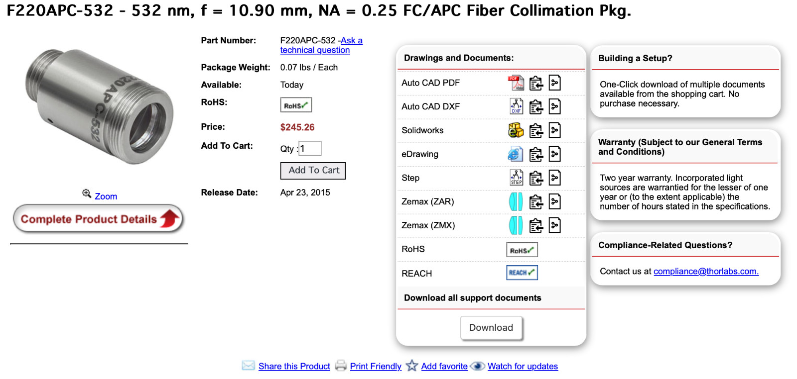 ThorLabs F220APC-532 Fiber Collimation Package BRAND NEW