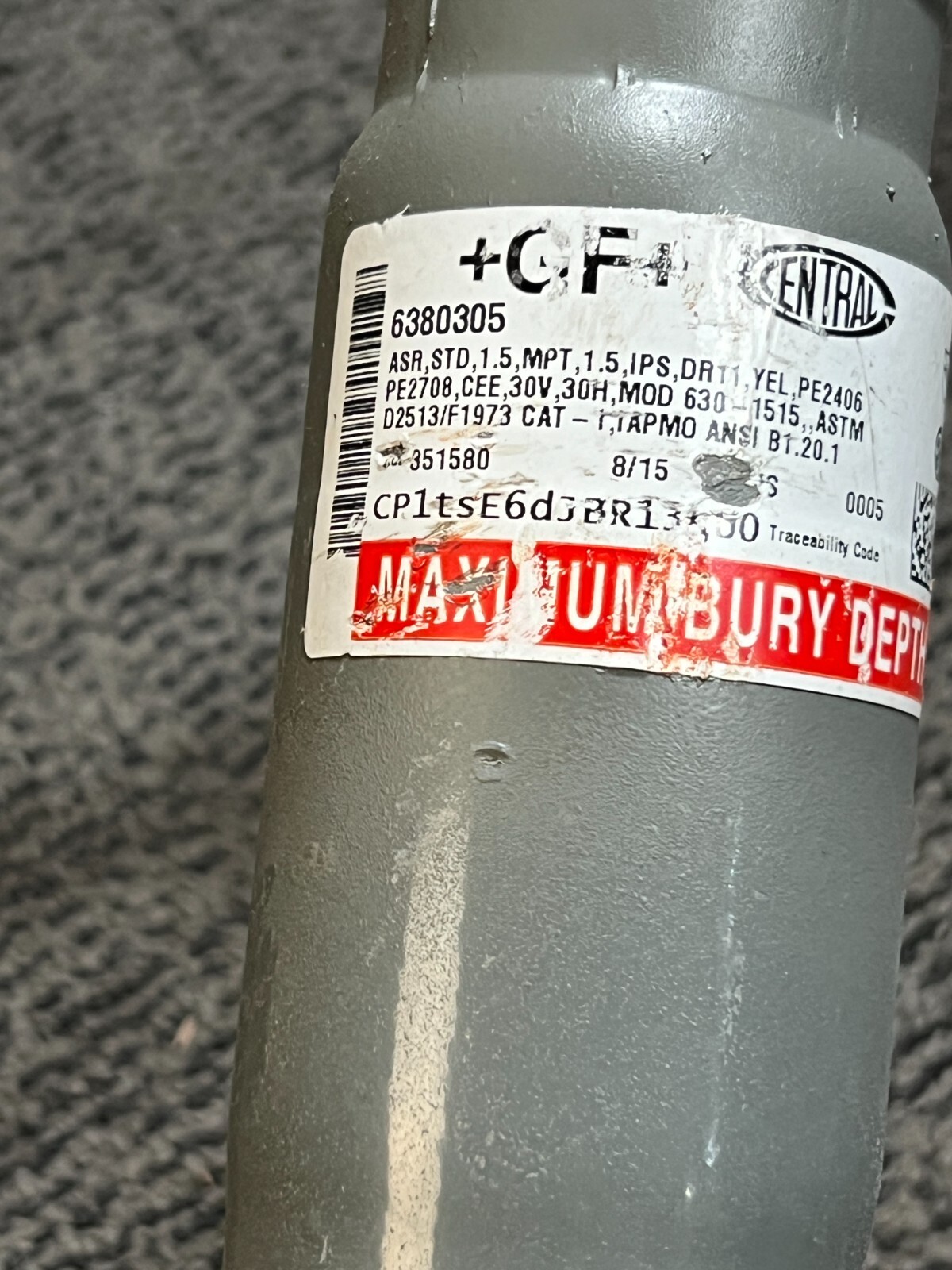 GF Central Pipe 6380305 ASR STD 1.5 MPT 1.5 IPS DR11 YEL PE2406 Anodeless Riser