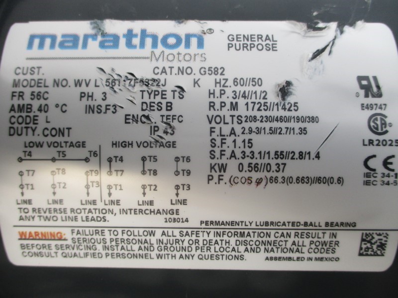 MARATHON MOTORS G582 56T17F5322J 208-230/460//190/380V 2.9-3/1.5//2.7/1.35A (AS