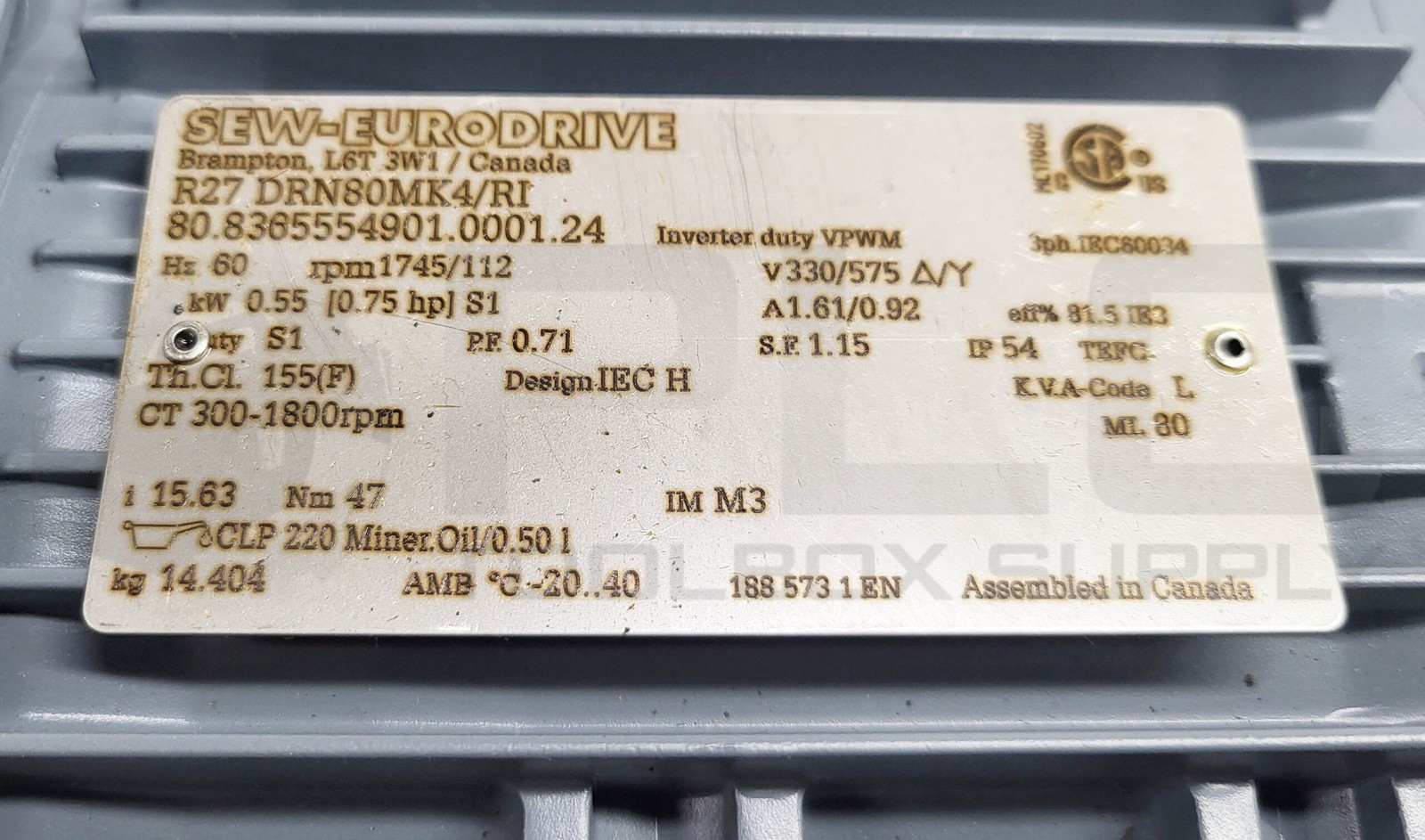 NEW SEW EURODRIVE R27 DRN80MK4/RI GEAR MOTOR 3/4HP 1745RPM RATIO: 15.63