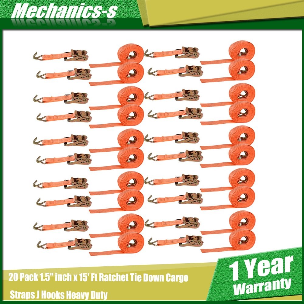 20 Pack 1.5″ inch x 15′ Ft Ratchet Tie Down Cargo Straps J Hooks Heavy Duty
