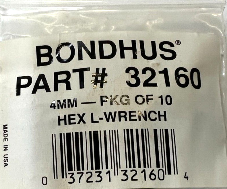 BONDHUS HEX L-WRENCH 4MM L-WRENCH SEE DESCRIPTION FOR MORE INFO