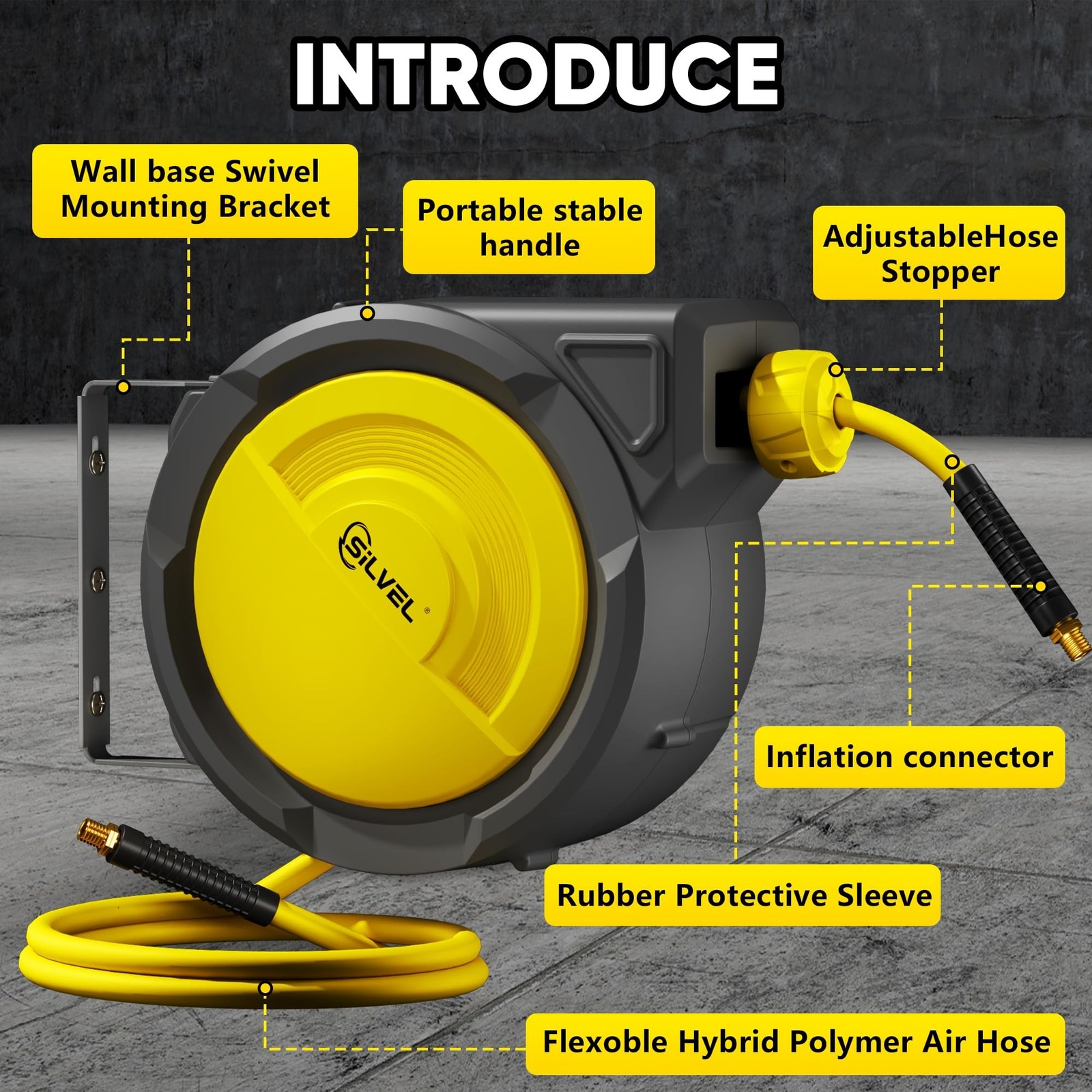 SILVEL Retractable Air Hose Reel, 3/8 in x 80FT Hybrid Hose Max 300PSI, Air C…