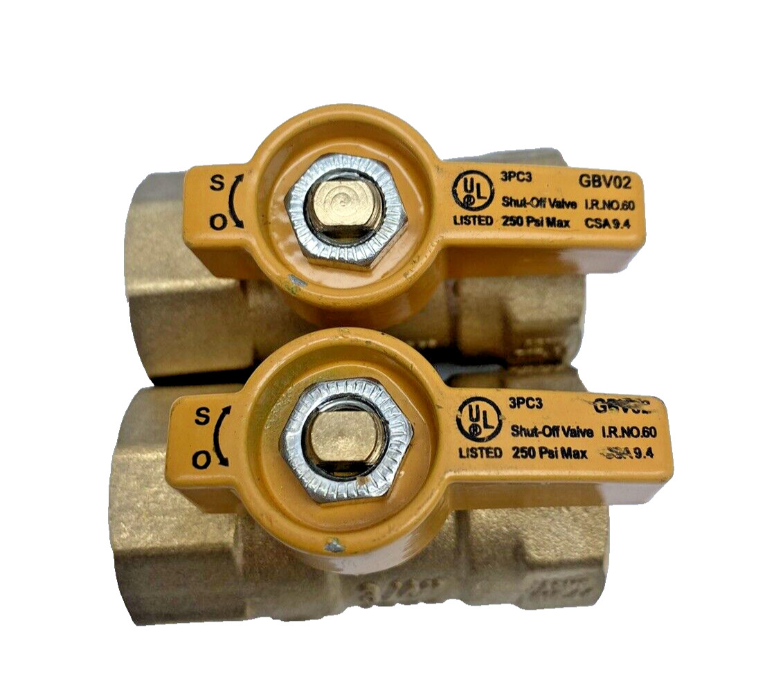 LOT OF 2, GBV02, SHUTT-OFF BRASS VALVE, LPG BALL VALVE 3/4 FNPT 175G