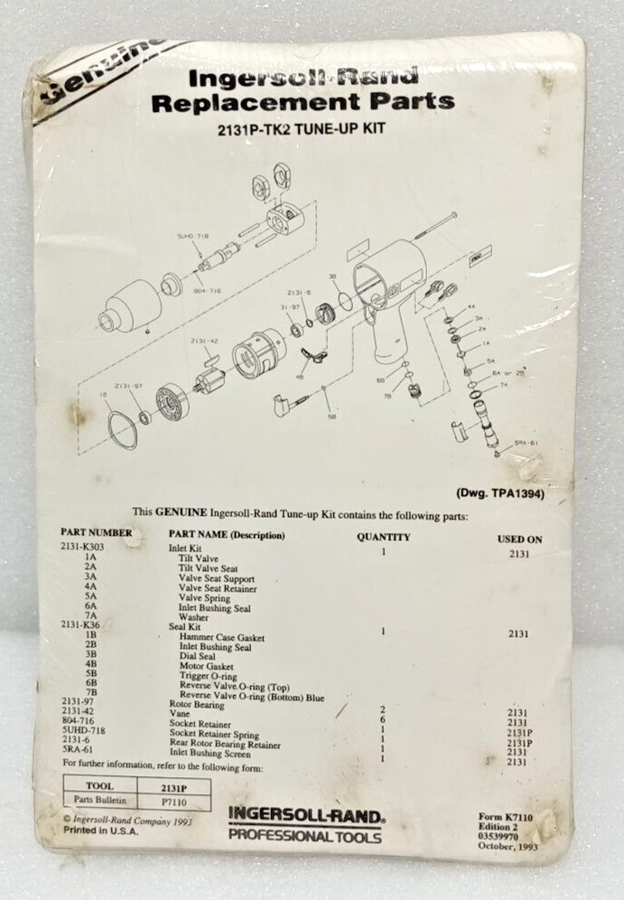 INGERSOLL RAND 2131P-TK2 W06C TUNE-UP KIT NEW FAST SHIPPING