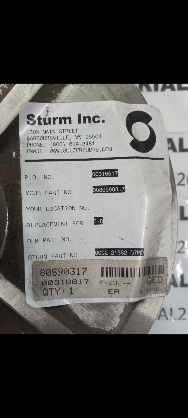 STURM SULZER PUMP IMPELLER 008590317