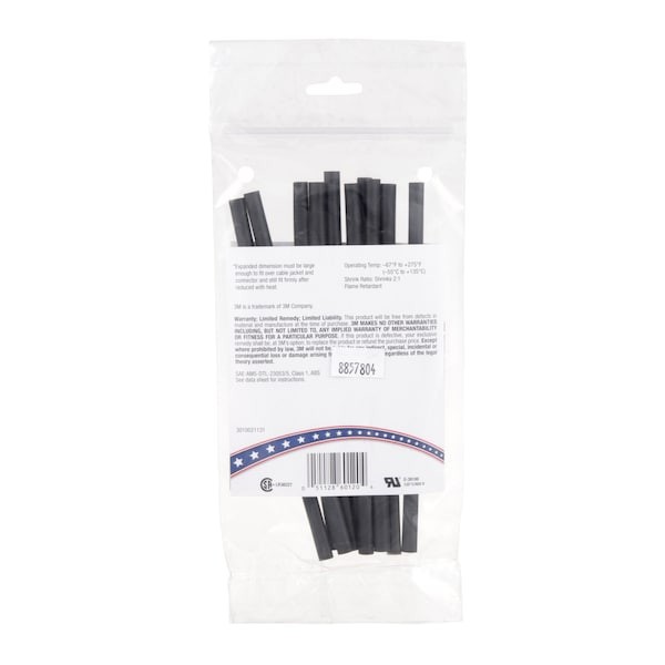 3M Fp301-3/16-6″-Black-10-10 Pc Pks Shrink Tubing, 0.187 In Id, Bl, 6 In, Pk10