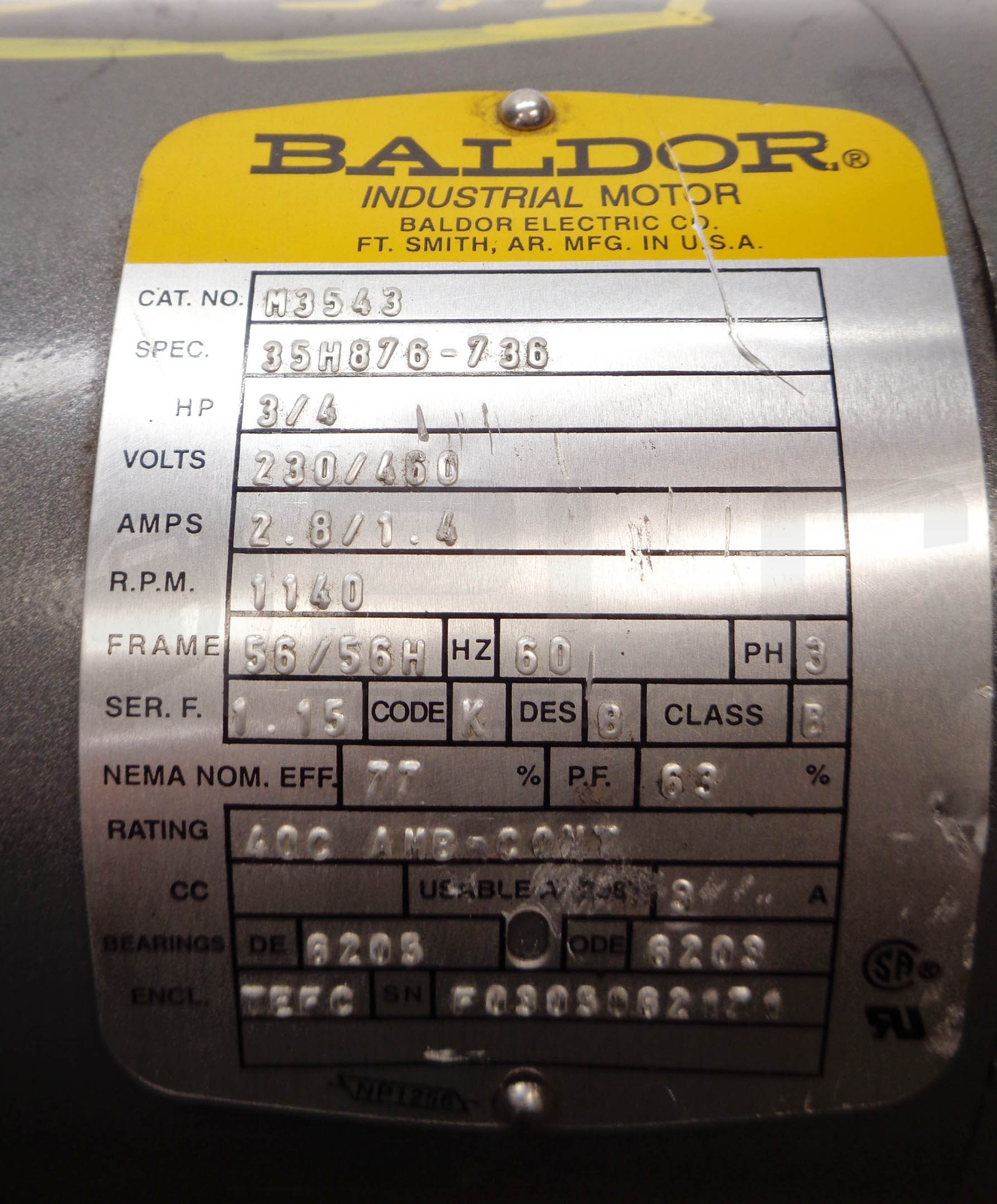 NEW BALDOR RELIANCE M3543 MOTOR 3/4HP 2.8/1.4AMP 1140RPM FR: 56/56H 35H876-736