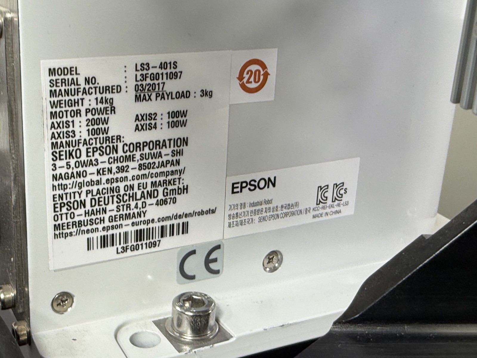 Seiko Epson LS3-401S 4-Axis SCARA Robot w/ RC90 Controller 200–240VAC