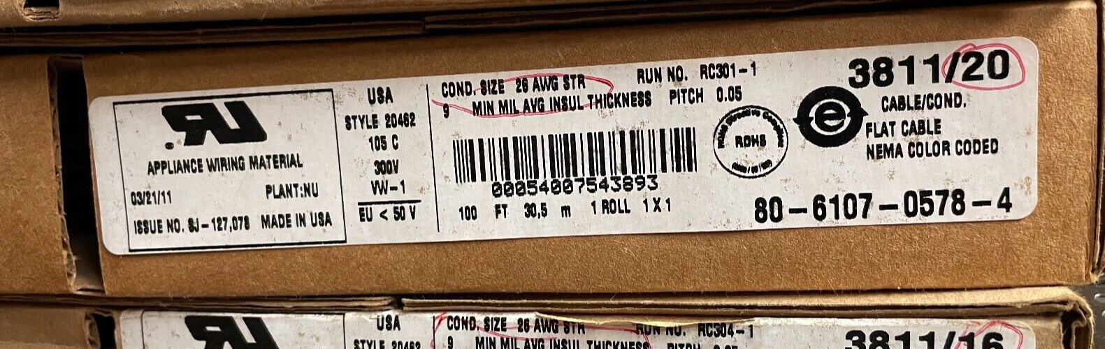 NEW!!! 3M Flat Cable 80-6107-0578-4 Pitch .050 3811/20 26AWG
