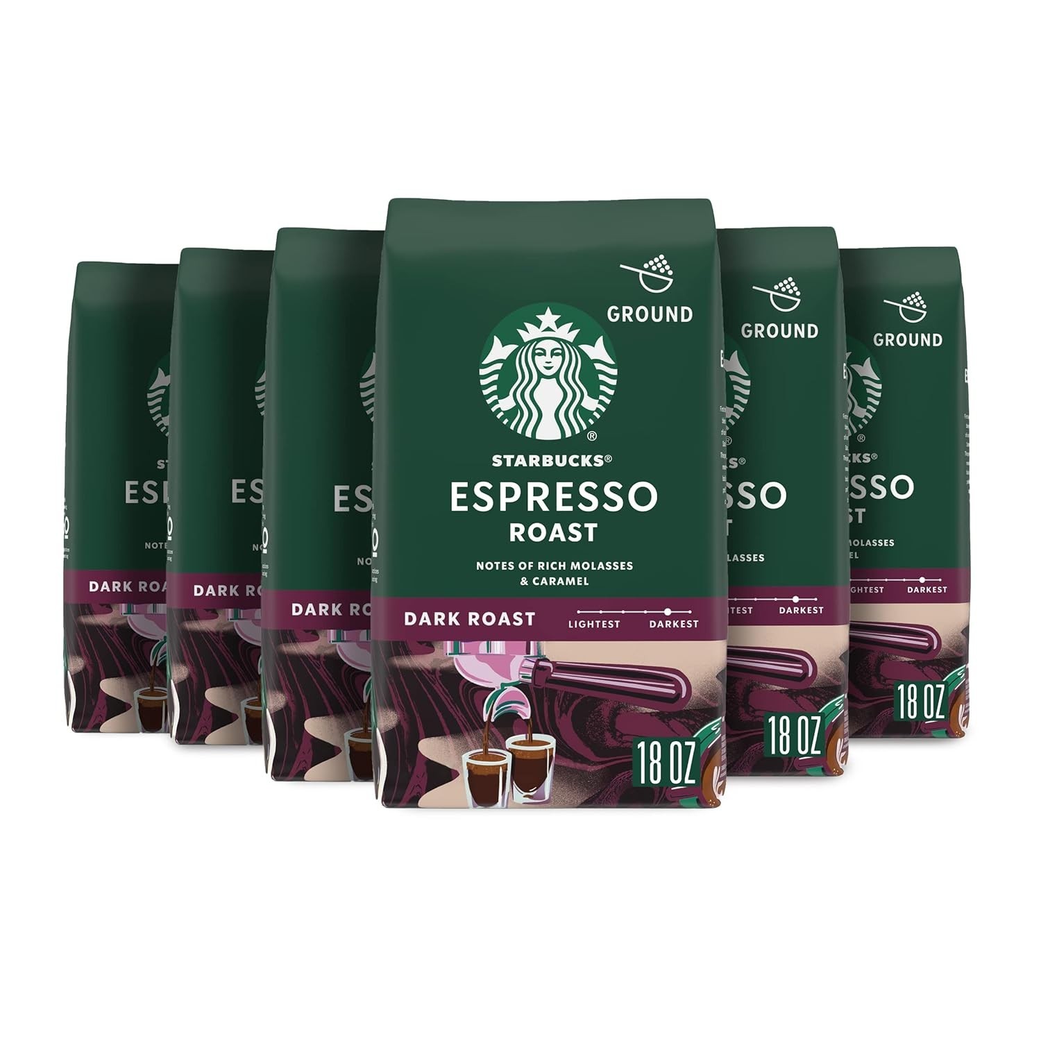 Starbucks Ground Coffee, Dark Roast Hot or Iced Coffee, Espresso Roast, Six 18 o
