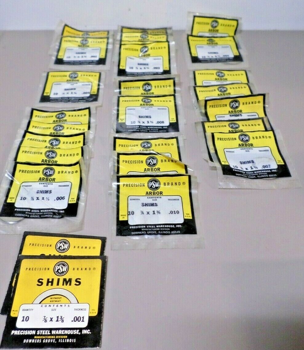 Lot of New Old Stock PSW 7/8″ ID x 1-3/8″ OD Arbor Shims .0001 – .010