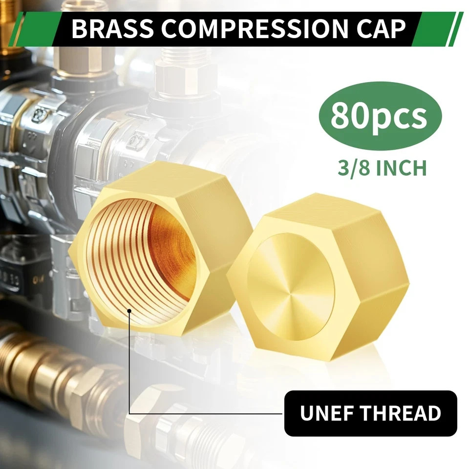 3/8″ Compression Cap, 80pcs Brass Compression Fittings Hex UNEF Thread Stop V…