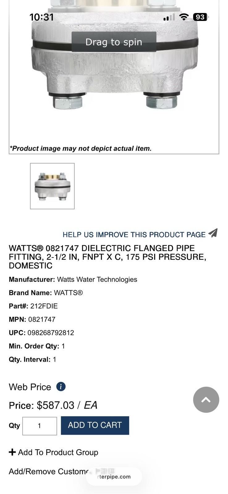 Watts LF3100M3 2-1/2″ Socket Cast Iron 50 psi 300° F Max Dielectric Union New