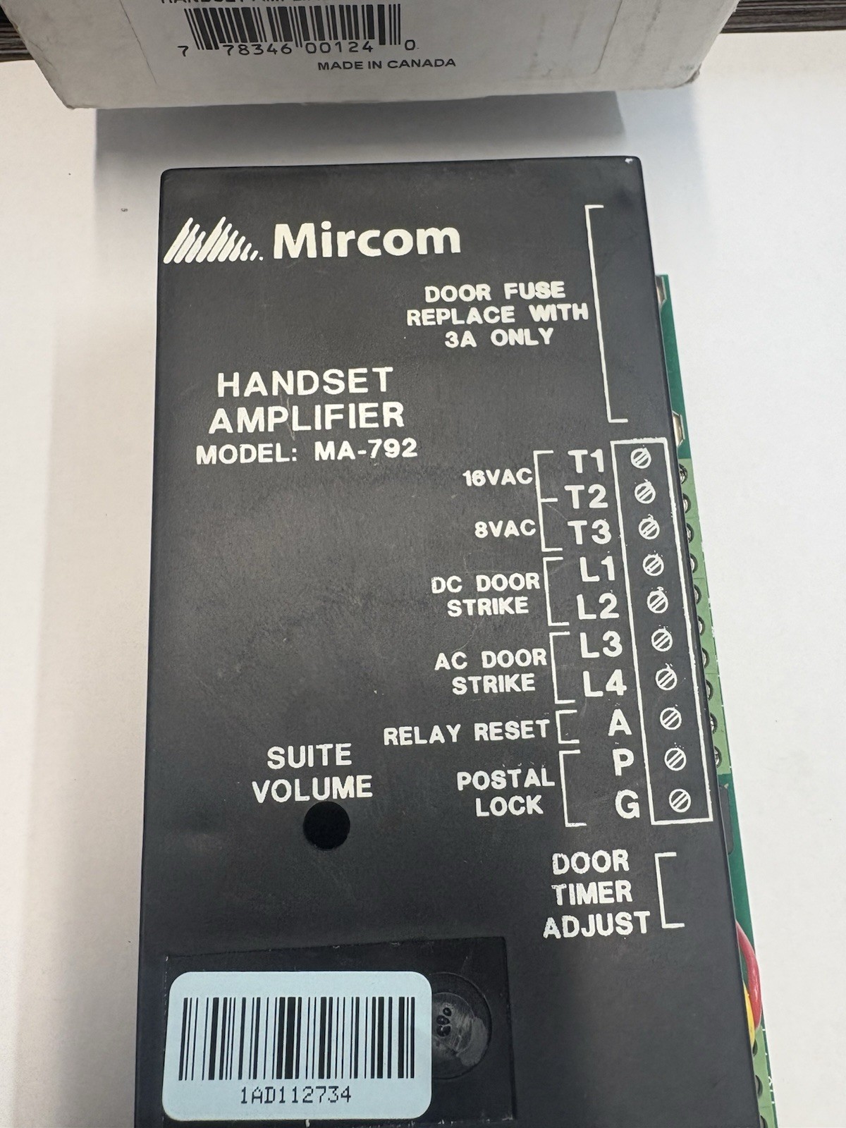 Mircom MA-792 HANDSET Apartment Intercom Amplifier LIKE NEW