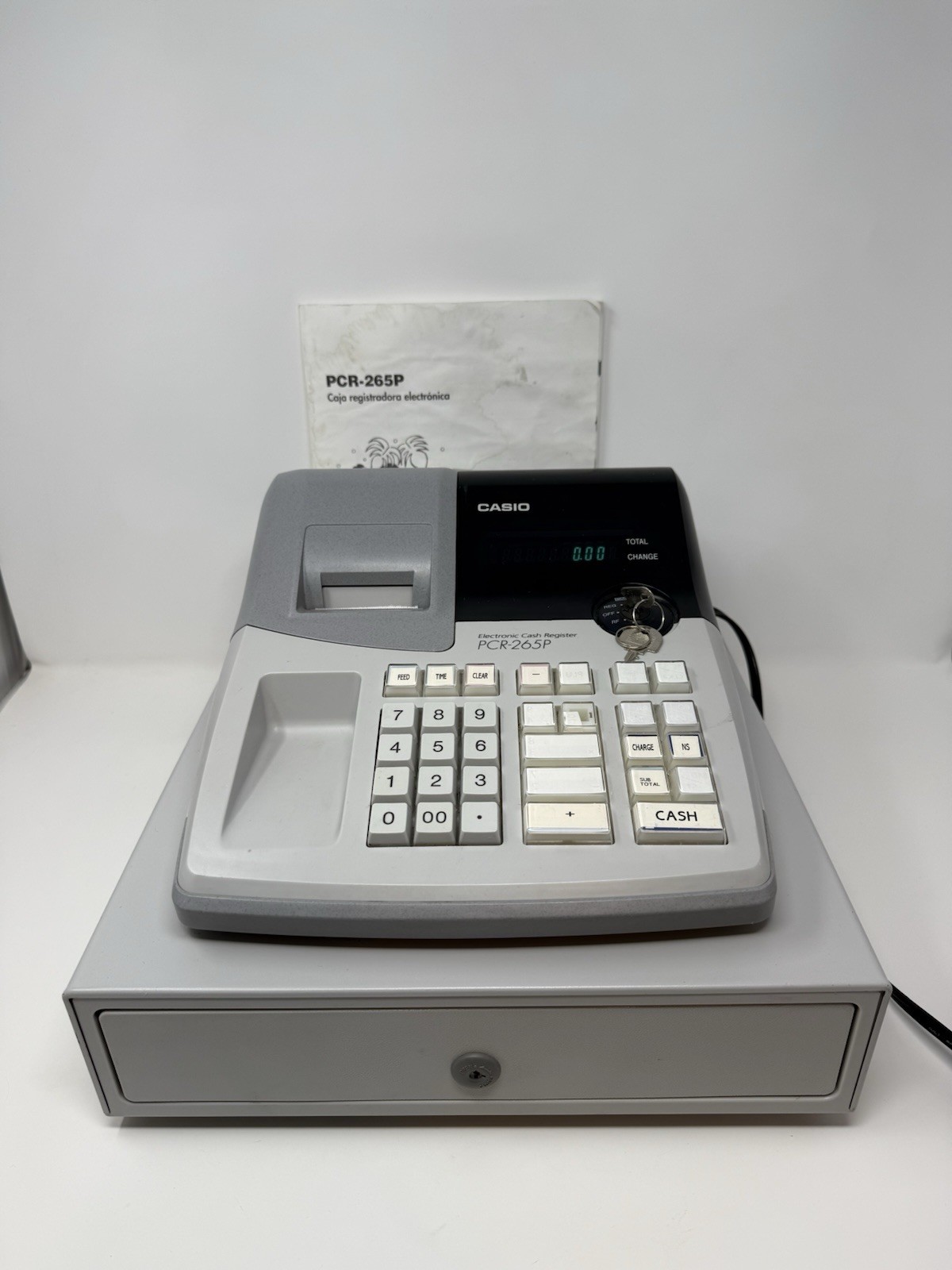 CASIO PCR-265P ELECTRONIC CASH REGISTER WITH KEY, MONEY DRAWER & MANUAL, TESTED
