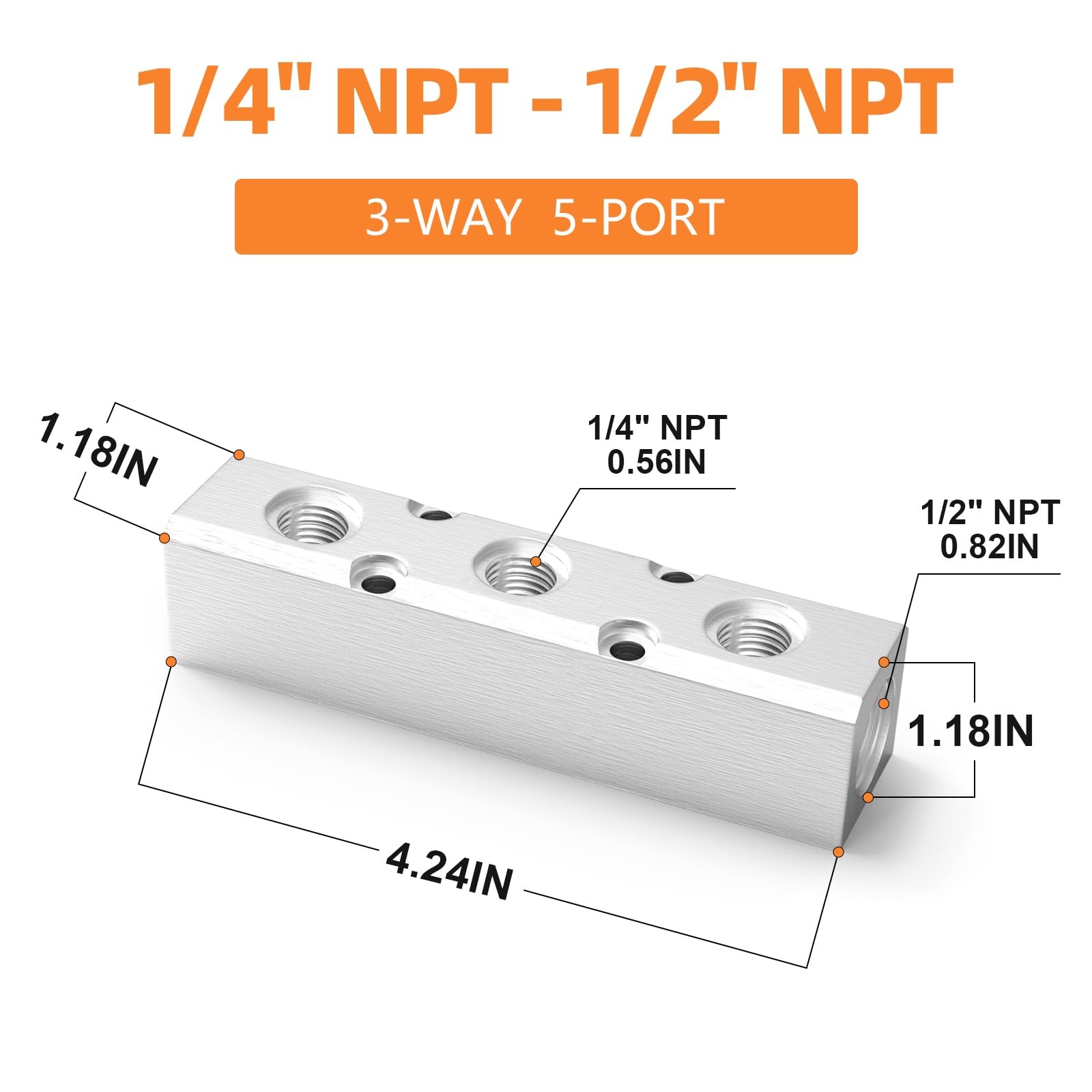 2 PCS Aluminum Air Manifold 3 Way 5 Port Block Splitter 1/4″ NPT Output