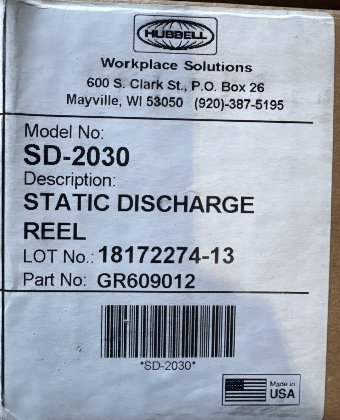 Hubbell SD-2050 Static Discharge Reel for Grounding