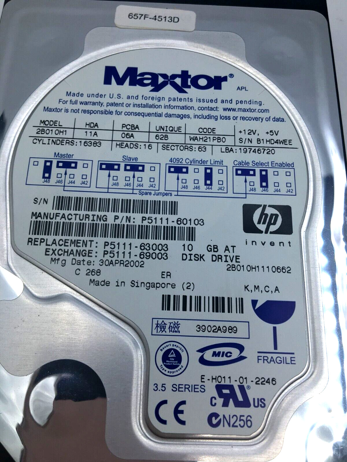 HP Maxtor Disk Drive 10GB, P5111-60103