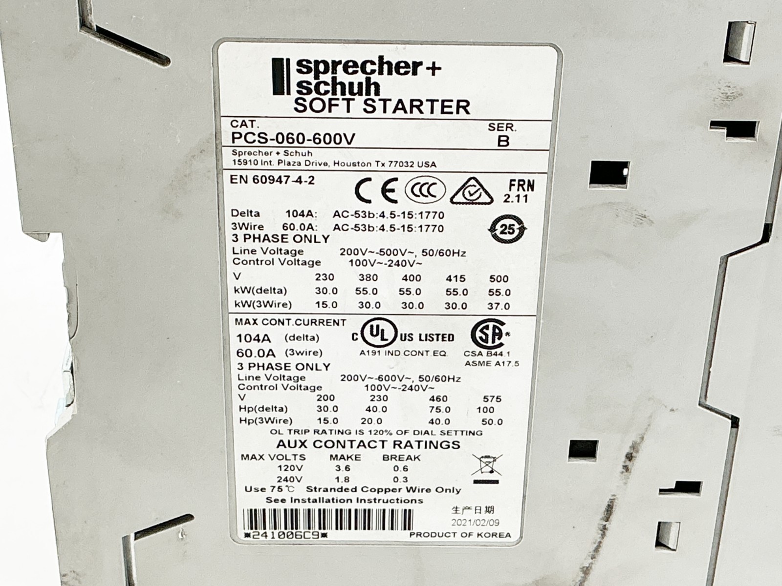 New Sprecher Schuh PCS-060-600V Soft Starter 60A 3PH 50/60Hz 600V Ser.B – No Box
