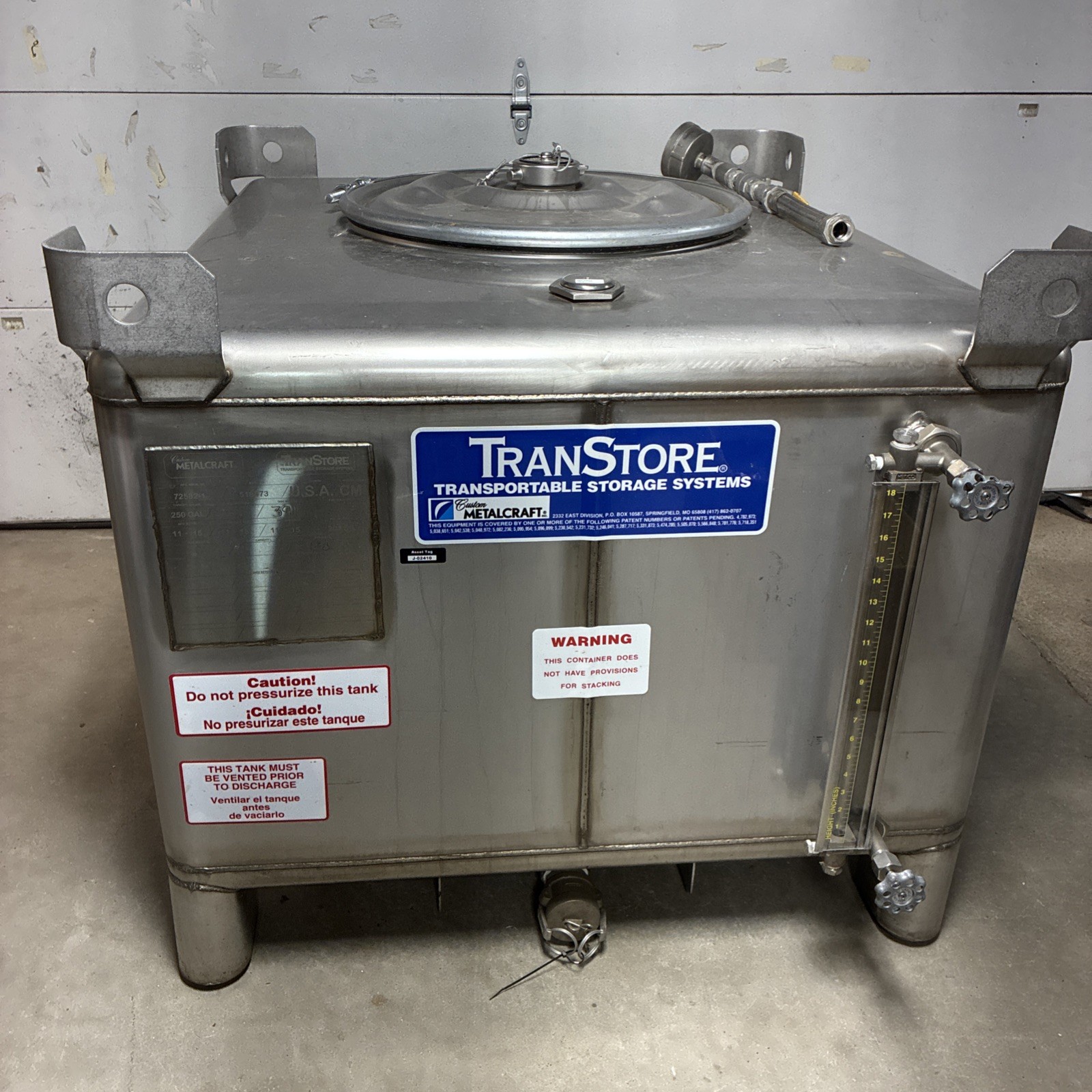 TranStore 250 Gallon 304 Stainless Steel Stackable IBC W/ Liquid Site Glass