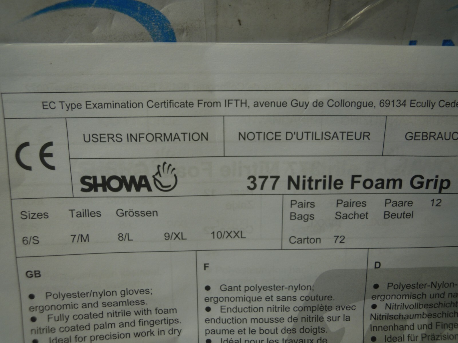 LOT of 2 X PAIRS SHOWA 377 FULLY COATED NITRILE FOAM GRIP SMALL GLOVE 6/S **NEW