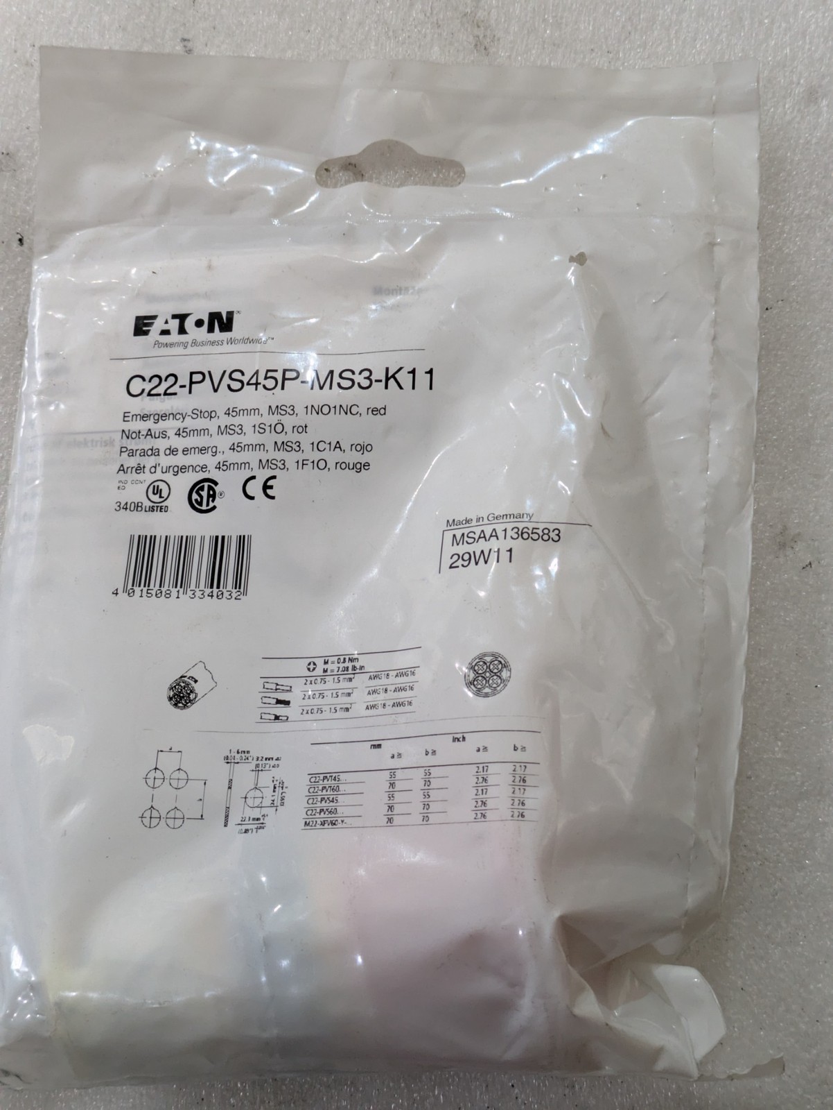 Eaton C22-PVS45P-MS3-K11 45mm Red Industrial Component Hardware Electrical Spare