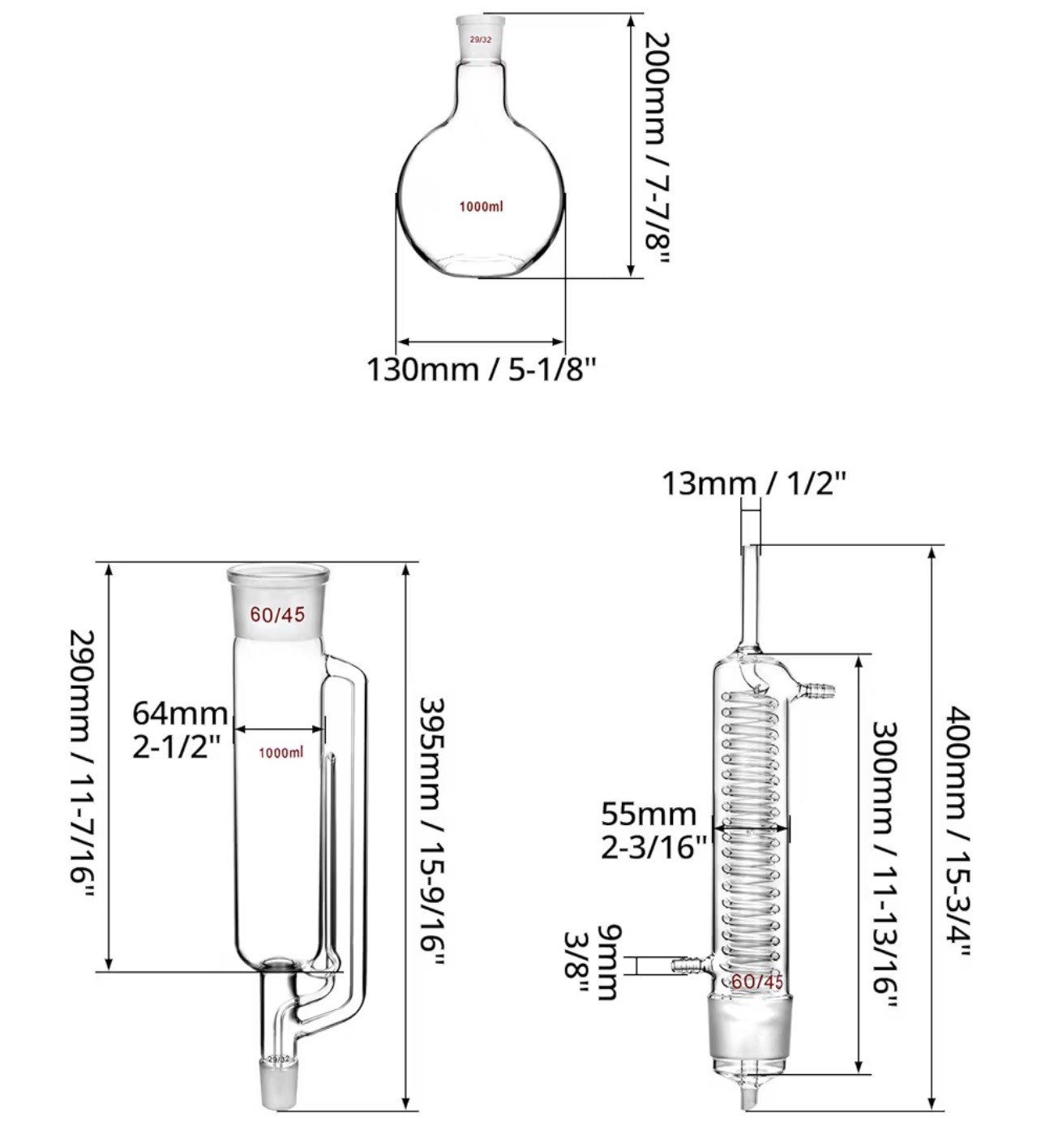 1000ml Soxhlet Extractor Kit w/ Bottle, Tube & Condenser (29/32, 60/45)