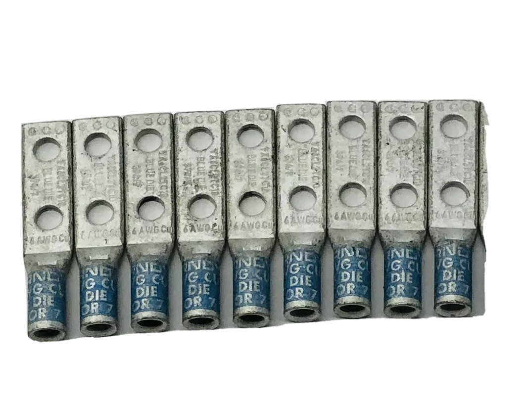 LOT OF 9 BURNDY YA6CL2TC10 BLUE DIE 2 HOLE LUG 6AWG 374/7