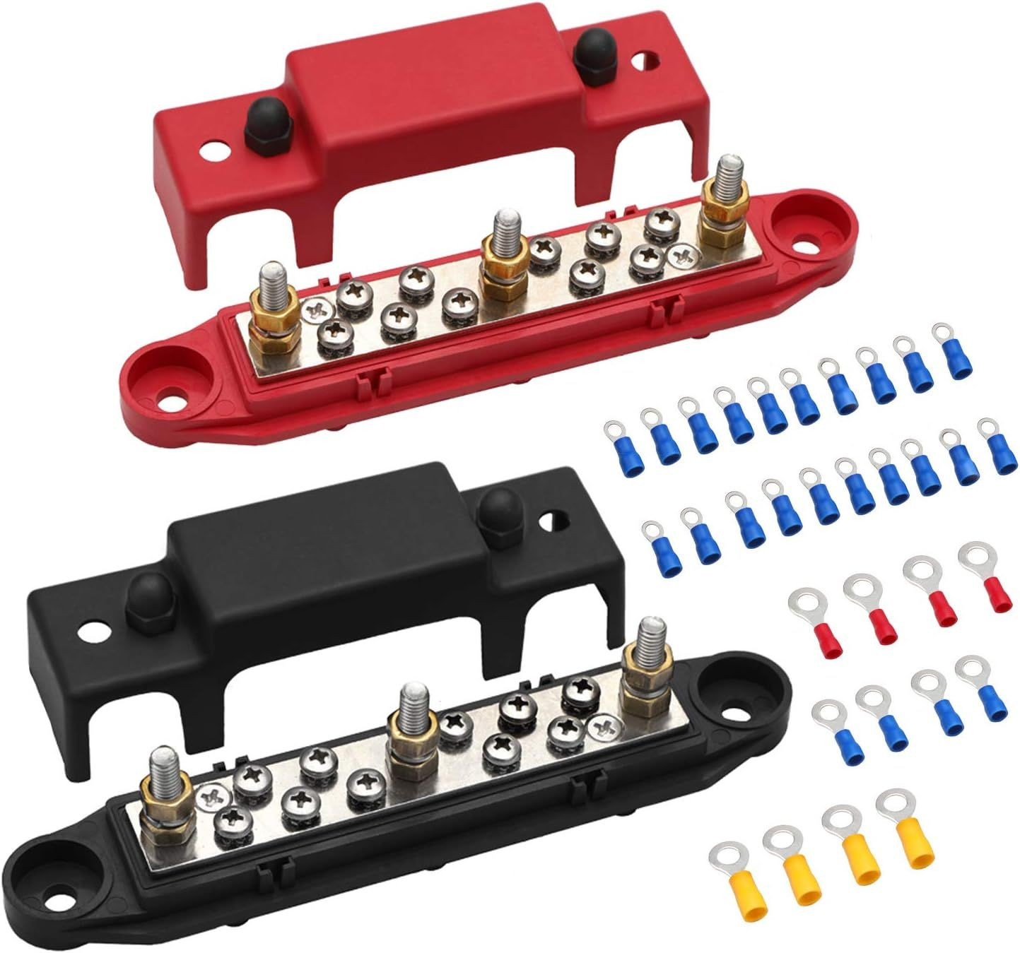 Mofeez Bus Bar -3×1/4”Post,10x#8 Screw Terminal Power Distribution Red+Black