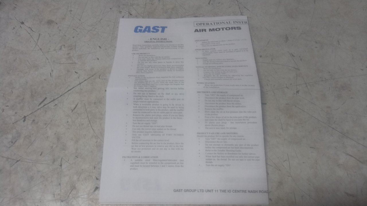 Gast 4AM-NRV-70C 1.7 Output HP 3000 RPM 35 In-Lb Torque 72 Max CFM Air Motor