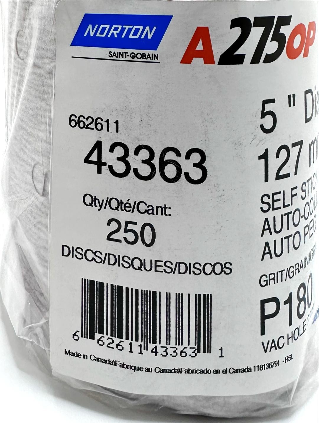 Norton A275 No-Fil Adalox NorGrip Abrasive Disc, 5 Vaccum Holes, 1 roll of 250