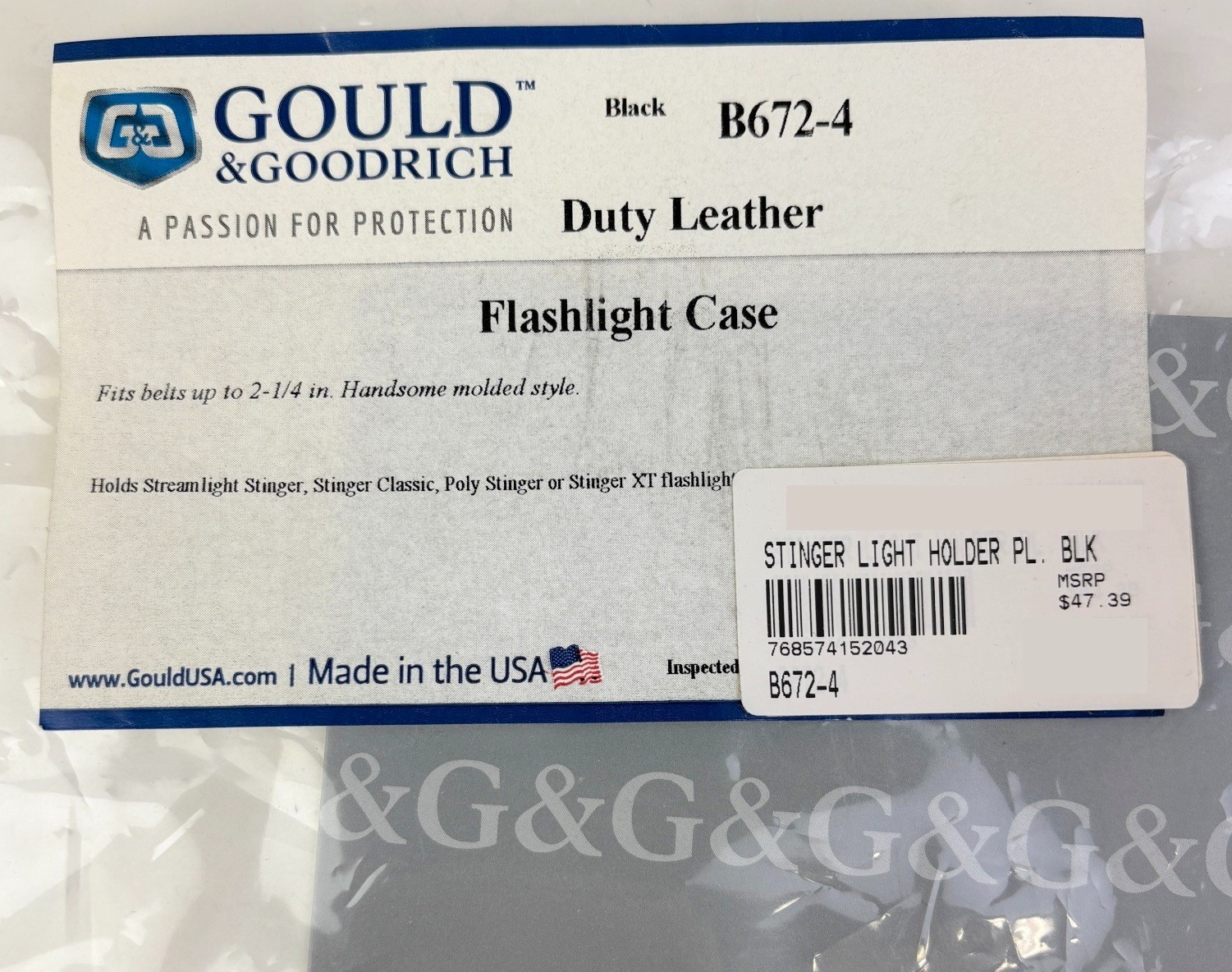 Flashlight Case Black Duty Leather Stinger Light Holder B672-4 GOULD & GOODRICH