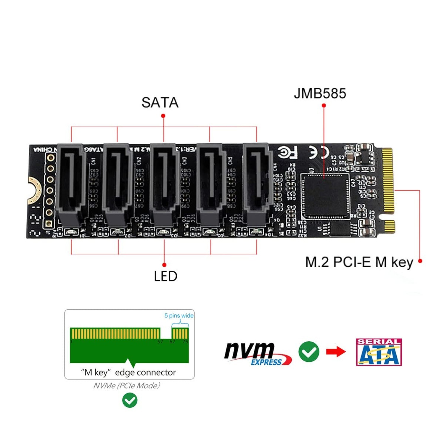 NGFF NVME M-Key PCI Express to SATA 3.0 6Gbps 5 Ports Adapter Converter Hard …